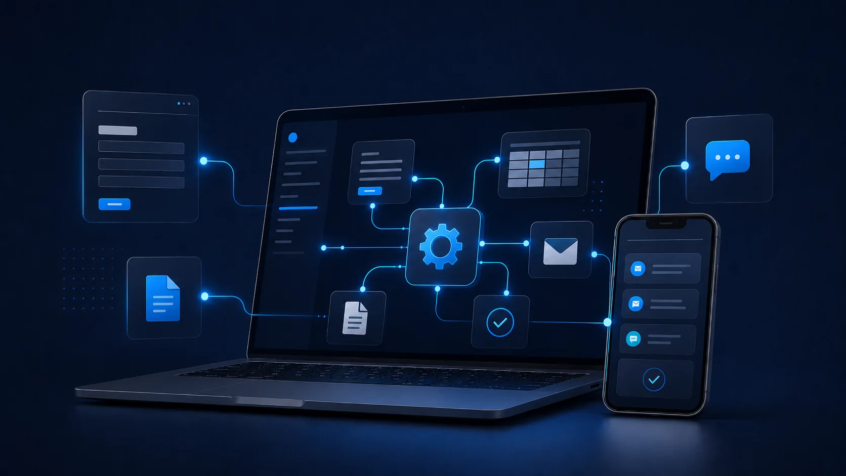 Flujo digital que conecta formularios, documentos, correos y tareas de una PyME